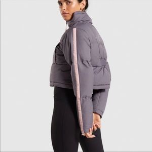 Gymshark cropped puffer coat purple/grey pink stripe down the sleeves